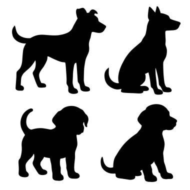 Köpek siluetleri hazır. Köpek ve köpek yavrusunun düz çizimleri.