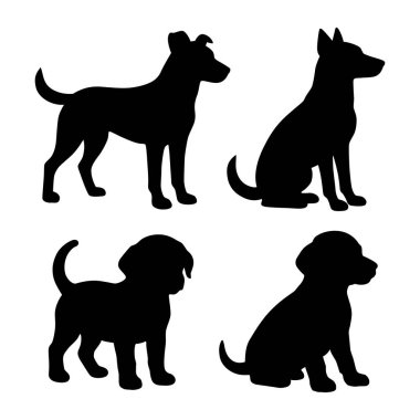 Köpek siluetleri hazır. Köpek ve köpek yavrusunun düz çizimleri.