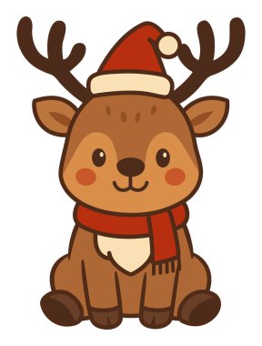 Ren geyiği çizgi film karakteri çizimi. Kırmızı şapkalı ve eşarplı küçük geyik.