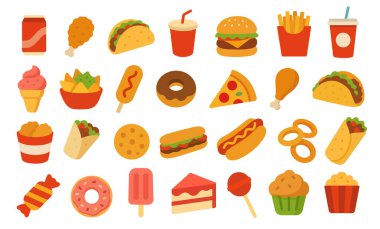 Fast food illüstrasyon simgeleri seti. Basit bir klip koleksiyonu. Fast food, tatlı ve tatlılar düz simgeler. Hamburger, sosisli, pizza, taco, patlamış mısır ve diğerleri. Menü tasarımı için mükemmel