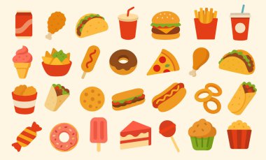 Fast food illüstrasyon simgeleri seti. Vektör Clipart koleksiyonu. Fast food, tatlı ve tatlı ikonları. Hamburger, sosisli, pizza, taco, patlamış mısır ve diğerleri. Menü tasarımı için mükemmel