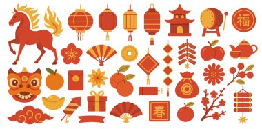 Çin Yeni Yıl Elementleri seti. Geleneksel Çin Bahar Festivali koleksiyonu. Geleneksel Asya çizimleri.