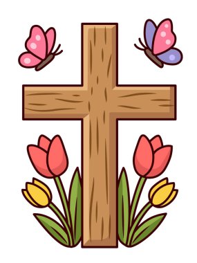 Paskalya haçı illüstrasyon etiketi. Şenlikli kilise bahar çiçekleri ve kelebeklerle kesişiyor..