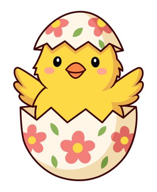 Yumurtalı Paskalya tavuğu. İllüstrasyon çıkartması. Paskalya yumurtasındaki tatlı tavuk. Festivalsel Clipart.