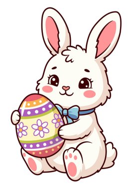 Paskalya tavşanı illüstrasyon etiketi. Paskalya yumurtalı şirin beyaz tavşan. Çizgi film karakteri maskotu.