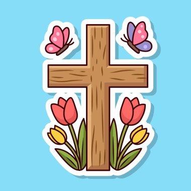Paskalya haçı illüstrasyon vektör etiketi. Şenlikli kilise bahar çiçekleri ve kelebeklerle kesişiyor..
