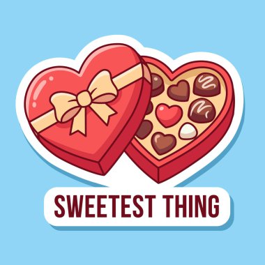 Çikolatalı kırmızı kalp şeklinde bir kutu. Sevgililer Günü için vektör illüstrasyon çıkartması. Tatlı sevgililer günü hediyesi.