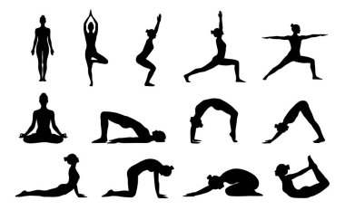 Yoga Poz Siluetleri Ayarlandı. Kadın Yoga Asanas Vektör Koleksiyonu.