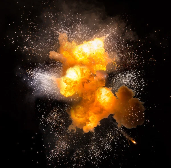 Jasná exploze flash na černém pozadí. oheň výbuch — Stock fotografie