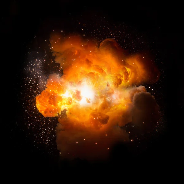 Realistic fiery explosion busting over a black background — Stock Photo, Image