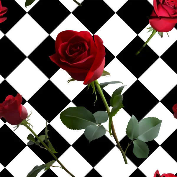 Um padrão com rosas vermelhas com folhas verdes e uma haste longa no fundo de uma célula preta e branca — Vetor de Stock