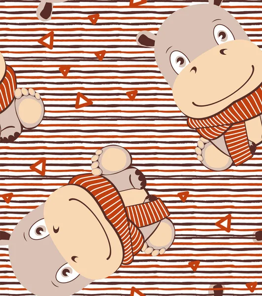 Mignon hippopotame dessin animé dans le style kawaii sur des lignes motif peint avec des triangles. — Image vectorielle