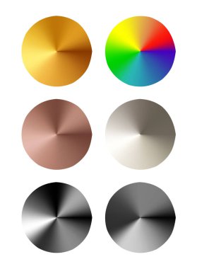 Altın, alüminyum, çelik ve bronz metal desenli yuvarlak metal şablonlar gri arka planda izole edilmiştir.