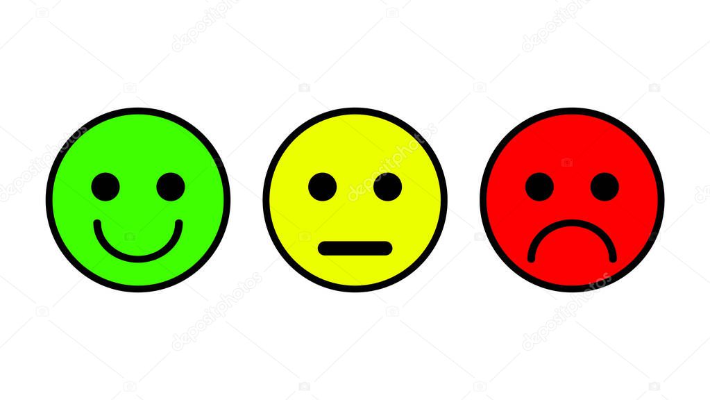 Set of 3 smiley icons. Sad, neutral, smiled. Set of three vector in white color outlined