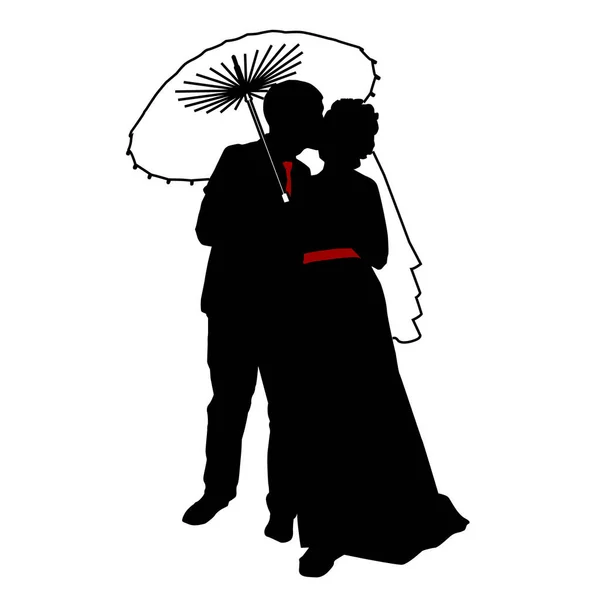 新娘和新郎 剪影新婚夫妇在登记办公室 红领带 红腰带 新婚夫妇在雨伞下 — 图库矢量图片