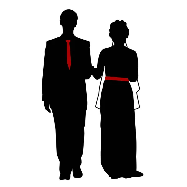 新娘和新郎 剪影新婚夫妇在登记办公室 红领带 红腰带 — 图库矢量图片