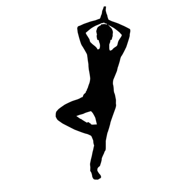 Yoga Pose Pose Pohon Manusia Ikon Hitam Siluet Dari Seorang - Stok Vektor