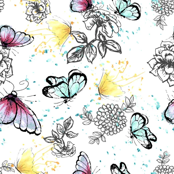 Papillons Roses Bleus Jaunes Avec Motif Fleurs Ligne Noire Sur — Image vectorielle