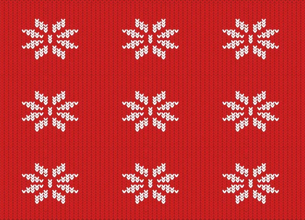 Textura de un tejido rojo de punto con un patrón blanco en forma de copos de nieve — Vector de stock