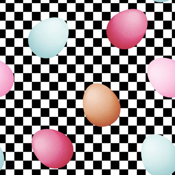 不同颜色的蛋 在黑色和白色的比赛和检查图案背景上 — 图库矢量图片