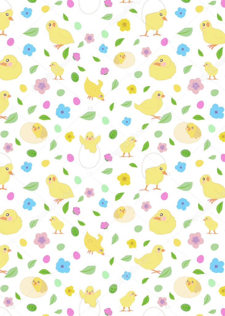 pattern with little yellow chickens in different poses, easter eggs, leaves and flowers in pastel colors