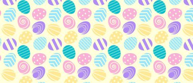 Sarı arka planda desenleri olan renkli yumurtalarla desen.