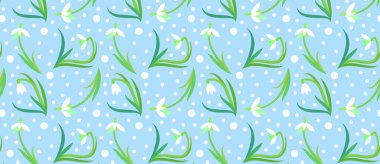 Narin kır çiçekleri ve daireleri olan desenler. Kar tanesi ya da yaygın kar damlası Galanthus nivalis çiçekleri. vektör illüstrasyonu