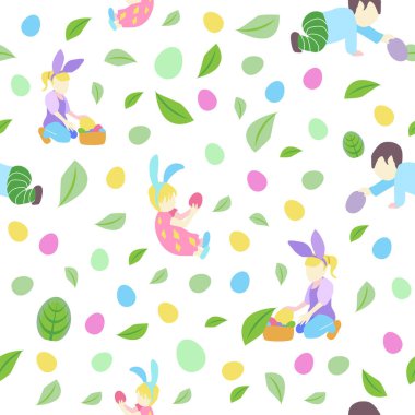 Küçük oğlan ve kız farklı pozlarda, Paskalya yumurtaları ve yapraklı dallar ve pastel renklerde çiçekler.