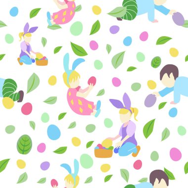 Küçük oğlan ve kız farklı pozlarda, Paskalya yumurtaları ve yapraklı dallar ve pastel renklerde çiçekler.