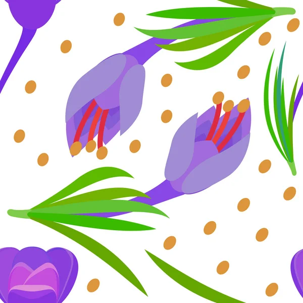 Motif Avec Crocus Cercles Jaunes Fleurs Violettes Avec Des Feuilles — Image vectorielle