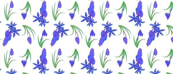 Узор Растительной Сциллой Сибирский Сквилл Сиберика Весенний Цветок Листьями Стеблем — стоковый вектор