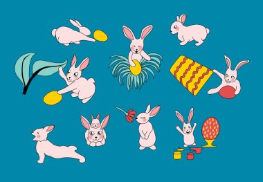 Tavşanlar yumurta saklar. Mutlu Paskalyalar çizgi film karakterleri seti. Tavşanlar, Paskalya yumurtaları, çiçekler, yapraklar, parlak renkli kova