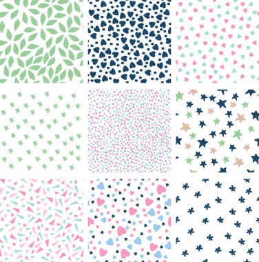 Dekoratif elementlerle 9 kusursuz desen ayarla yıldızlar, kalpler, yay, çiçekler