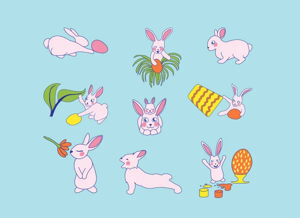 Кролики Прячут Яйца Набор Симпатичных Персонажей Мультфильма Happy Easter Кролики — стоковый вектор