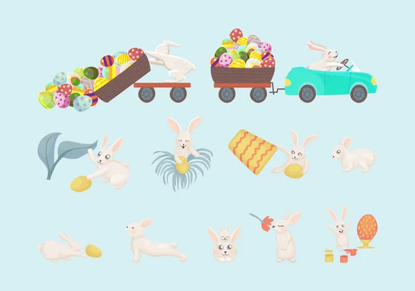 ウサギは卵を隠す かわいいハッピーイースター漫画のキャラクターのセット バニー イースターエッグ バケツ — ストックベクタ