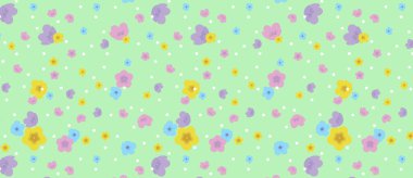 Yeşil arka planda çok renkli çiçekleri olan desen. Bahar çiçekleri