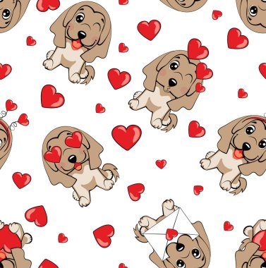 Beyaz arka planda kırmızı kalpleri olan küçük kahverengi köpekli bir model..