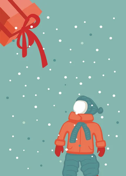Grußkarte mit kleinem Jungen und großer verpackter Geschenkschachtel mit roter Schleife. Urlaubs- oder Geburtstagsgrußkarten-Vorlage. flache Vektor-Illustration — Stockvektor