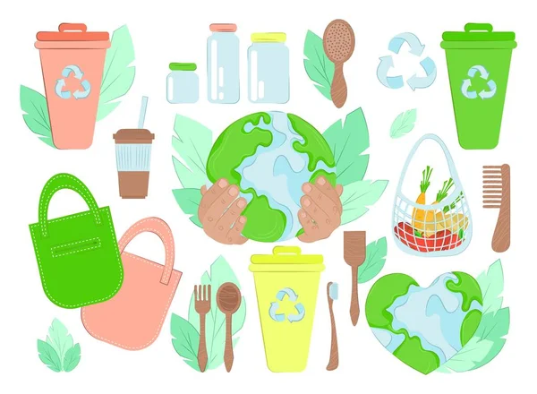 Sıfır atık yaşam elementlerini vektöre ayarla. Eko tarzı. Plastik yok. atıksız üretim