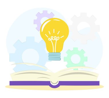 Bilgi konsepti. Ampullü açık bir kitap. Düz bir şekilde vektör illüstrasyonu. EPS 10, şeffaflık yok