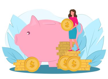 Bozuk paralarla kumbarada. Düz bir şekilde vektör illüstrasyonu. Kadın kumbaraya para koyuyor. Bankacılık ve iş hizmetleri kavramı