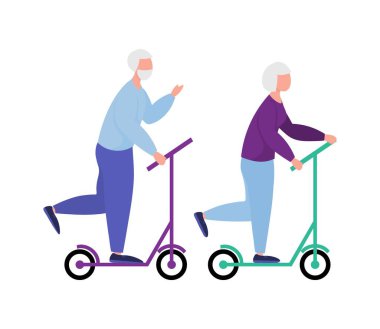 Son sınıflar birlikte scooter kullanıyor. Yaşlı bir adam ve yaşlı bir kadına binmek. Emekliler sağlıklı bir hayat sürüyor. Yaşlıların yeniden yaratılması. Vektör illüstrasyonu