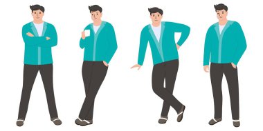 Farklı pozlarda iş adamları. Beyaz arkaplanda izole edilmiş vektör illüstrasyonu.