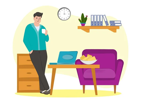 Man Home Drinking Coffee Freelancer Home Weekend Living Room Interior — Stock Vector