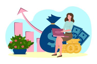 Serbest çalışan kız paranın üstüne oturur ve internette çalışır. İş kadını dizüstü bilgisayarda çalışıyor. Ekonomik bağımsızlık. para çevrimiçi