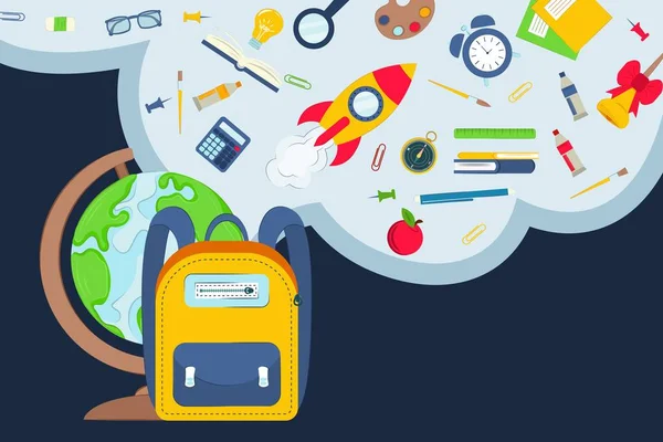 Okul malzemelerinin tasviri. Okul konseptine geri dönelim. Okul ve eğitim sembolleri, belirlenmiş nesneler. Okul satışı afişi, poster, düz vektör tasarımı.