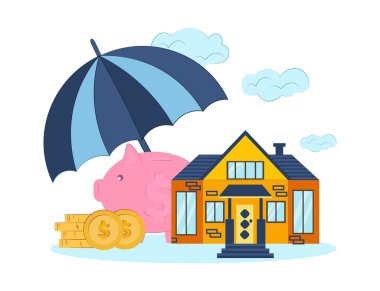 vector illustration of home security, real estate, investment and money. Insurance policy services concept. Drawn house with a piggy bank and money under an umbrella flat style