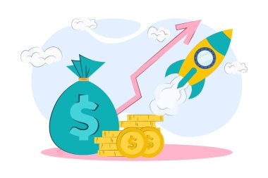 Para kazancı artıyor. Ekonomik büyüme ya da piyasa büyümesi, yatırım geliri, sermaye geliri, faydaları kavramı. Bir yığın para ve yukarı doğru ok.