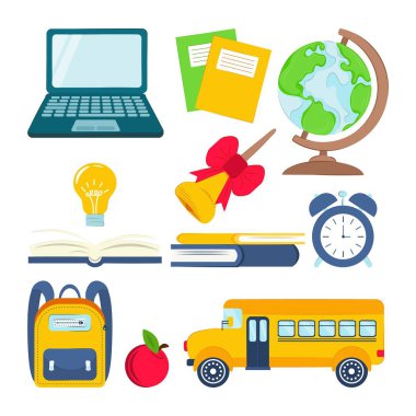 Beyaz bir arka planda okul malzemeleri. Vektör çizimi. Okul konseptine geri dönelim. Lise öğrencileri için eşyalar. Web ve sunum için bilgi ögeleri.