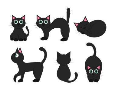 Kara kedi farklı pozisyonlarda: yalan söyler, oturur, uyur, tıslar. Hayvana önden, yandan, arkadan ve oturarak bakın. Vektör düz çizim. Cadılar Bayramı için kara kedi ayarla..